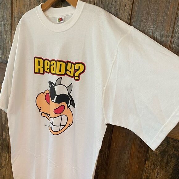 FOL 2003 Coca-Cola Vintage White Graphic Whimsical Cow Swerve Cotton T-Shirt - Picture 3 of 7